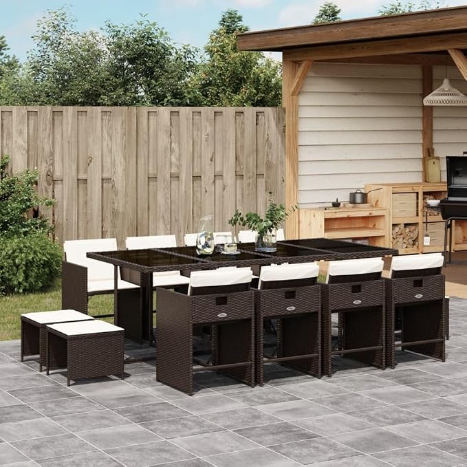 13 Piece Patio Dining Set, Poly Rattan Garden Table and Chairs with Foldable Backrests, Space-Saving Cube Dining Furniture with Cushions, Brown