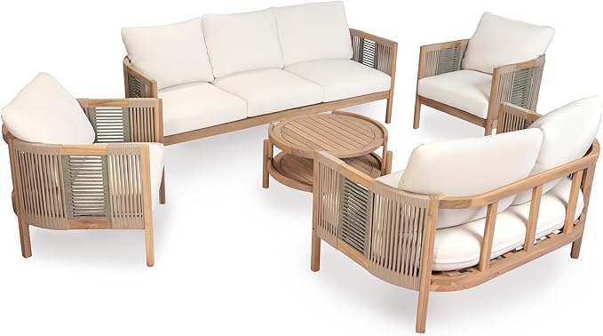 Christopher Knight Home 5-Piece Acacia Wood Patio Furniture Set with Coffee Table, 7 Seater Outdoor Conversation Sofa Set, Patio Sectional Chat Set for Backyard Balcony, Teak+ Beige