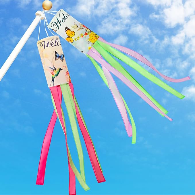 NOVWANG Spring Windsock, 2 Pcs 40 Inches Wind Socks for Outside, Hummingbird Butterfly Windsock Outdoor Decor Windsock Flag Hanging Decor for Wall Tree Patio Lawn Gard