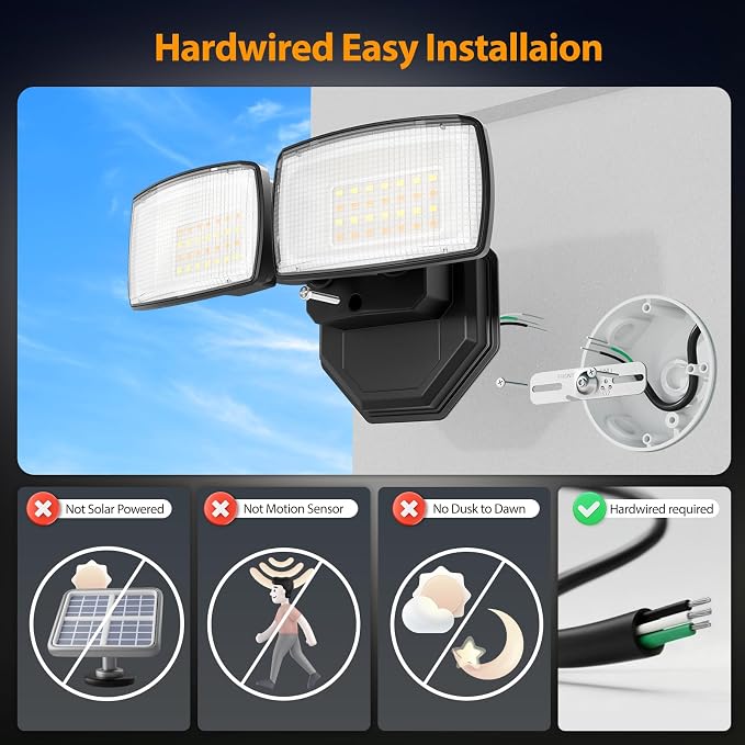 Onforu 3CCT Outdoor Flood Lights, 32W Hardwired Security Light, Yard, Porch | 3200LM Switch Controlled LED Floodlights, 2700K/4000K/6500K, 2 Adjustable Heads, IP65 Waterproof, Garage, Patio, Corner, Eave