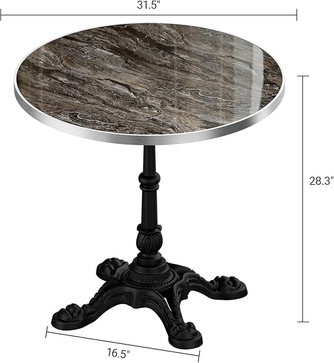 31.5" Sintered Stone Round Dining Table for 2-4 People, Marble Look Bistro Table with Heavy Duty Cast Iron Base for Outdoor Patio Garden Cafe, Living Room Balcony, Commercial Grade Small Space, Black