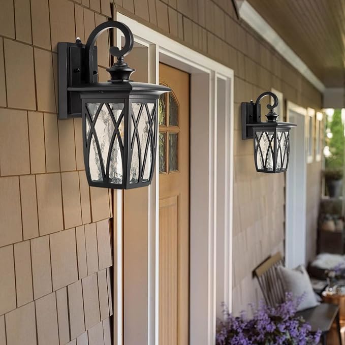 JYZ Dusk to Dawn Outdoor Wall Lantern, Craftsman Style Exterior Sconce Light with Water Ripple Glass, Traditional Porch Light Fixture Wall Mount Lamp for Front Porch Doorway Garage Patio Garden 14''