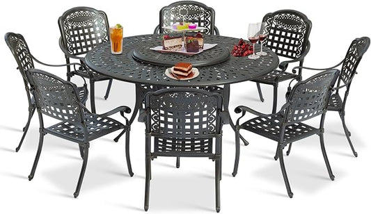 9-Piece Patio Cast Aluminum Dining Set, Outdoor Rust-Free Dining Furniture Set for 8 Person, Includes 8 Chairs and 61" Large Round Dining Table with 31" Lazy Susan, Umbrella Hole