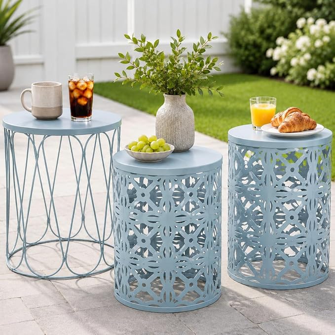 Y&M Outdoor Side Tables Set of 3, Metal Stacking Patio Side Tables for Outside, Round Indoor End Tables, Decorative Garden Stool Plant Stand for Patio Garden Balcony Porch, Light Blue