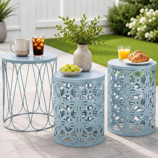 Y&M Outdoor Side Tables Set of 3, Metal Stacking Patio Side Tables for Outside, Round Indoor End Tables, Decorative Garden Stool Plant Stand for Patio Garden Balcony Porch, Light Blue