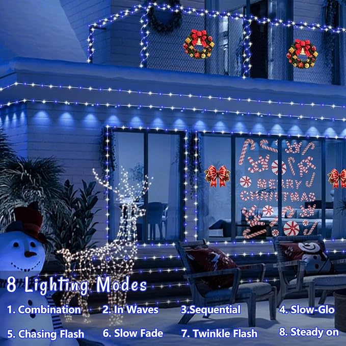 QITONG 200 Led Solar Rope Lights Blue and White