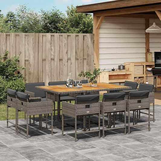 11 Piece Patio Dining Set with Cushions Gray Poly Rattan Outdoor Table and 10 Folding Chairs for Garden Backyard Porch Dining Comfortable Seating Acacia Wood Top UV Protection 242.5lb Capacity