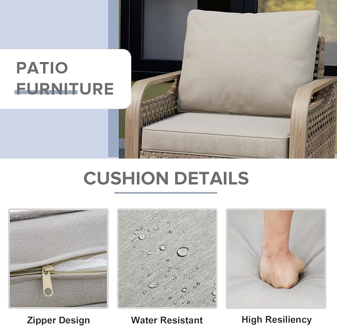COOS BAY Modern Wicker Outdoor Furniture Set, 4 Piece Patio Conversation Set with 2 Patio Chairs, a 3 Seat Couch and Side Table, 4 Piece, Brown/Gray