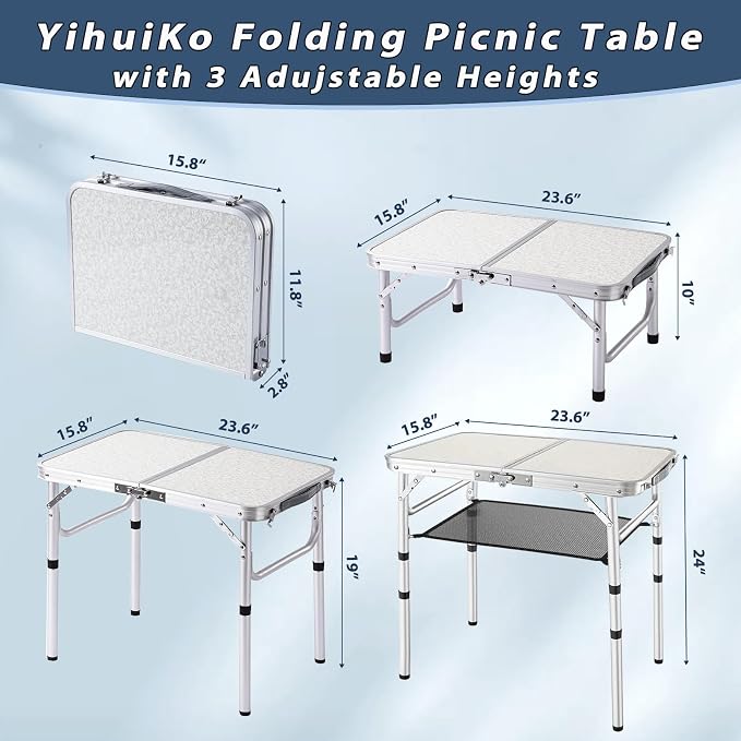 YihuiKo Folding Picnic Table, Small Camping Table with Adjustable Heights, Portable Lightweight Aluminum Side Table for Office, Beach, Garden, Travel