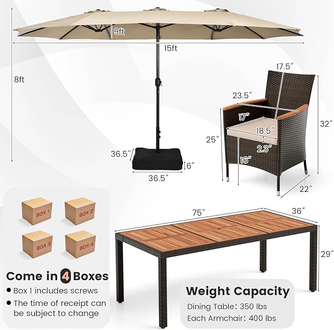Tangkula 11 Piece Rattan Outdoor Dining Set with 15Ft Patio Umbrella for 8, Outdoor Wicker Table Set with 8 Cushioned Armchairs, Acacia Wood Top, Outdoor Umbrella with Base Included