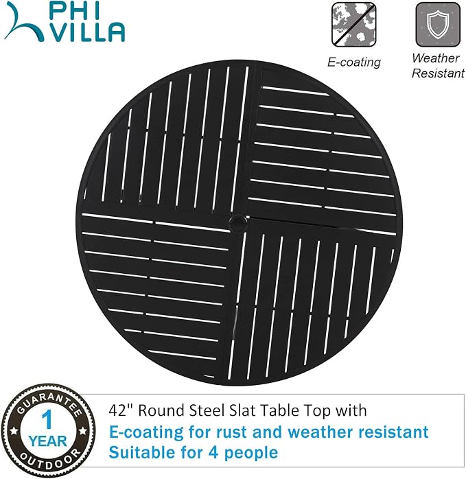PHI VILLA Patio Round Table w/Umbrella Hole, Metal Table for 4, Black | 42" wrought iron dining table. Slatted top design, weather resistant. Perfect for outdoor deck, porch, backyard.