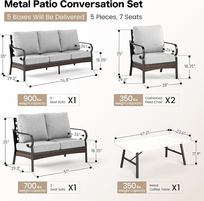 SUNSHINE VALLEY 5 Piece Metal Outdoor Patio Furniture Set, Patio Conversation Sets 1 3-Seater Sofa, 2-Seater Sofa, 2 Fixed Sofa with 5.75" Cushion & Coffee Table Black Backyard Furniture, Light Gray
