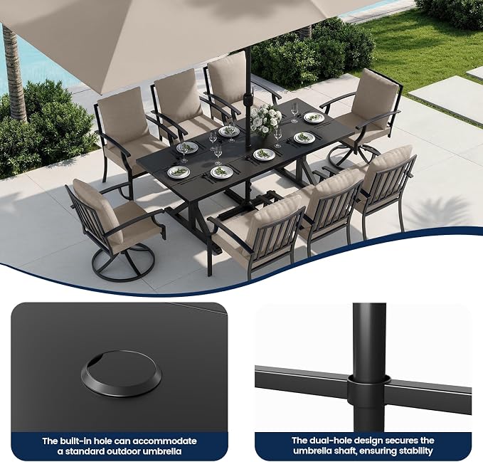 9 Piece Outdoor Dining Set for 8, Metal Patio Table and Chairs with Cushions, Patio Furniture Set with 8 Swivel Chairs, Rectangular Metal Dining Table with Umbrella Hole, Lawn Deck Yard-Sand