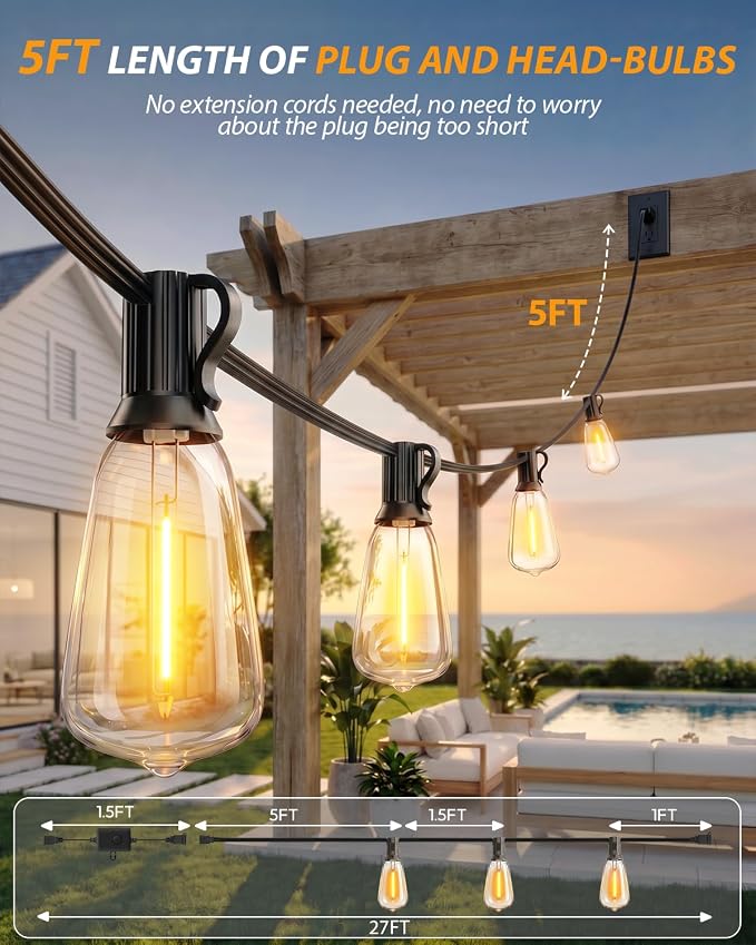 Outdoor String Lights 27FT, 15+2 Shatterproof Bulbs ST38, 1.5FT Spacing, IP65 Waterproof | Dimmable with Remote, Heavy-Duty, Include Screw & Zip Ties for Patio Backyard Holiday Outside