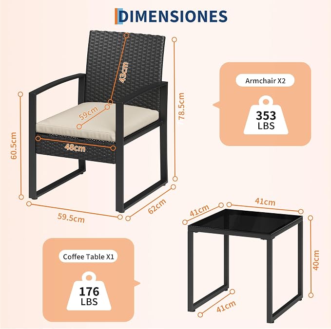 IDEALHOUSE 3 Piece Outside Patio Furniture Set, Outdoor Wicker Chair Conversation Set with Glass Coffee Table, PE Rattan Patio Furniture for Backyard, Porch, Patio, Poolside (No Rocking)