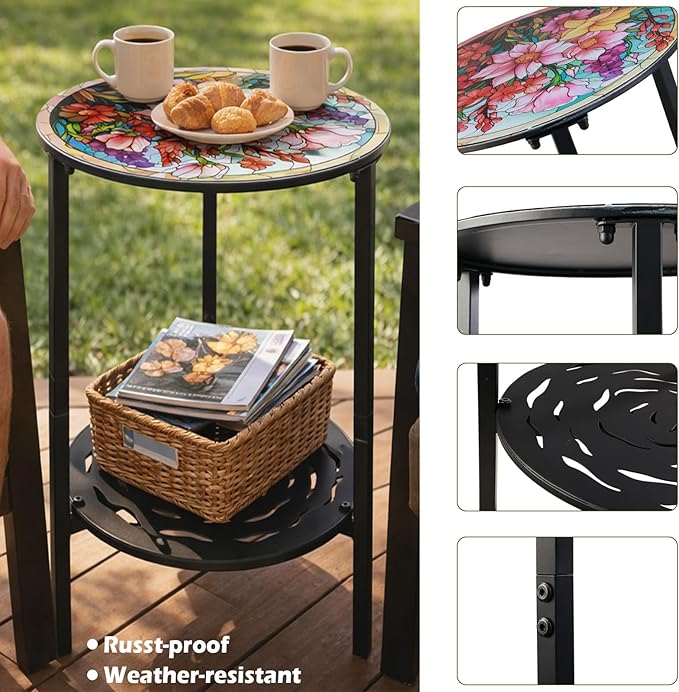 2-Tier Metal Round Side Table Accent Coffee Tables Small Space Corner Plant Stand Shelf for Indoor Outdoor Use Patio Balcony End Table Colorful Floral Print Weather-Resistant