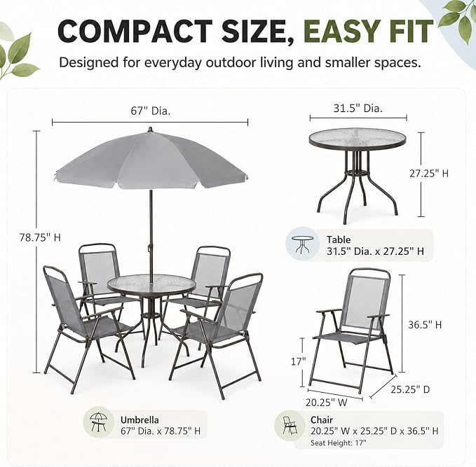 6-Piece Patio Dining Set for 4 with Umbrella, Outdoor Table and Chairs Set with 4 Folding Chairs, Round 31.5" Tempered Glass Table for Garden Backyard Poolside, Gray
