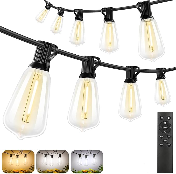 180FT LED String Lights with Remote Control, 2700K/4000K/5000K Selectable Outdoor Patio Lights with 56 Shatterproof ST38 Edison Bulbs, 3 Modes Dimmable Outside Light for Yard, Porch