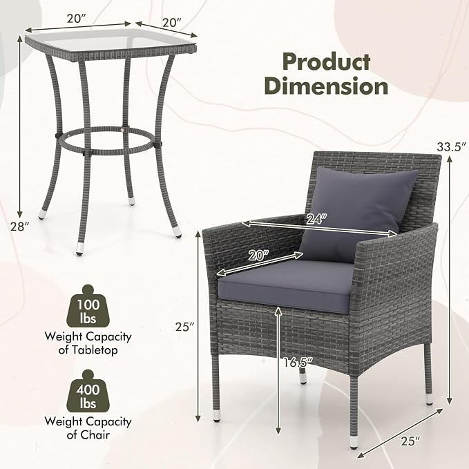 DORTALA Wicker Patio Furniture Set 3 Piece, Small Outdoor Table & Chairs with Tempered Glass Tabletop, Cushions, Rattan Conversation Bistro Set for Balcony, Porch, Backyard, Deck, Mix Gray+Gray