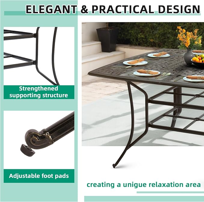 VIVIJASON Patio Cast Aluminum High Bar Table for 6-8, Outdoor 64" Large Square High Dining Table with 2.2" Umbrella Hole, Weather-Resistant Patio Dining Table for Deck Garden Backyards, Dark Bronze