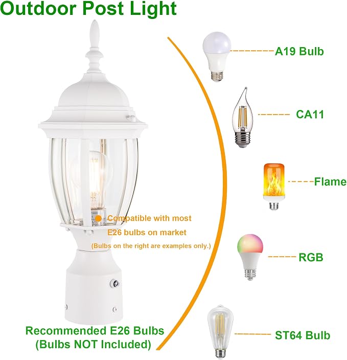 Outdoor Post Light Dusk to Dawn, Rustproof Aluminum, White | Exterior Lamp Post Light Fixture for Garden, Yard, Pathway, Waterproof, Glass, E26 Base, Max 60W