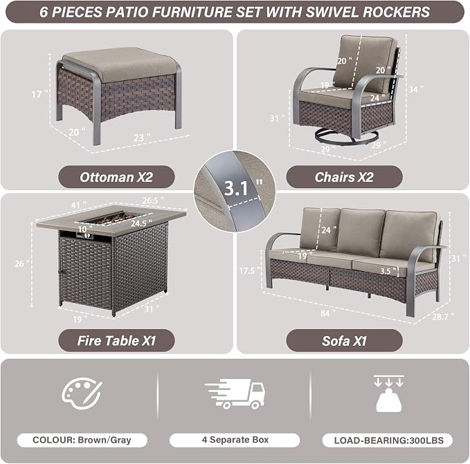 Belord Patio Furniture Set with Fire Pit Table - 50000 BTU Propane Fire Pit, 6 Piece Outdoor Conversation Furniture Sets with 2 Swivel Rocker Chair Rattan Sofa Perfect for Casual Gathering