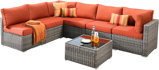 Weaxty 7 Pieces Outdoor Patio Furniture Set,Wicker Sectional Sofa Couch with Thicken Cushion and Glass Coffee Table,All Weather Rattan Patio Conversation Sets for Porch,Poolside,Backyard,Orange Red