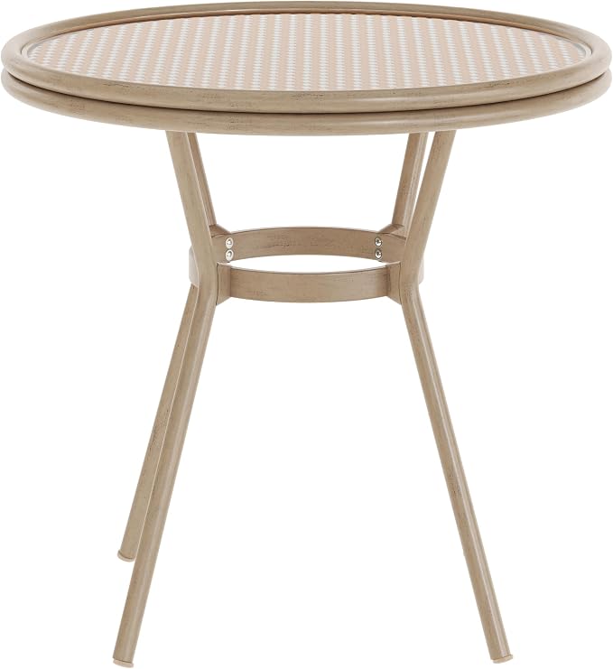 Flash Furniture Lourdes Indoor/Outdoor Commercial Bistro Table - Tempered Glass Top - PE Rattan - Lt NAT Bamboo Print Aluminum Frame - 31.5" - NAT/White