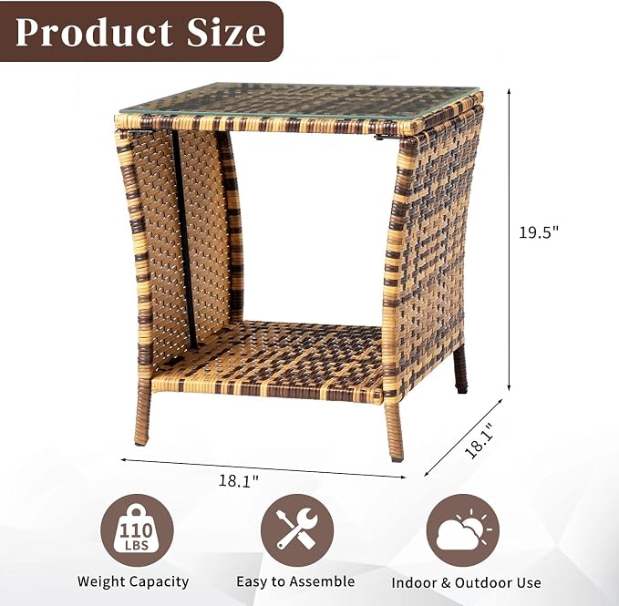 HOMSUPPLIE'S Outdoor Rattan Side Table with Storage, Square Patio Coffee Table w/Tempered Glass Top, Wicker End Table for Porch, Balcony, Poolside & Backyard(Yellow,Tempered Glass sty.3)