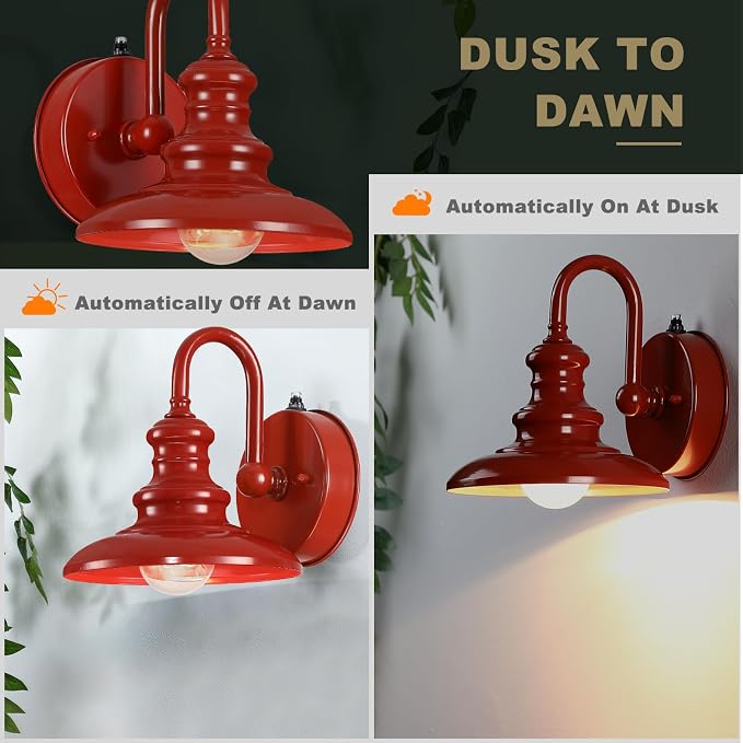 Dusk to Dawn Sensor Outdoor Gooseneck Barn Light Fixture Red | Exterior Wall Sconce Lighting Rustic Outside Porch Lantern Farmhouse Wall Mount Lamp for House Garage Patio