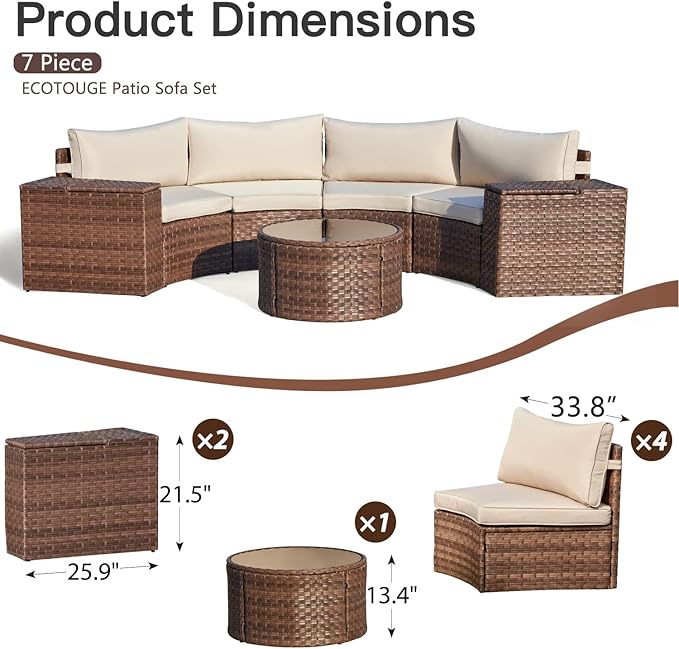 ECOTOUGE 8-Piece Half-Moon Curved Patio Furniture Set with Fire Pit Table, Wicker Rattan Sectional Sofa with Thick Cushions, Outdoor Conversation Set for Backyard Garden No Tank Cover(Beige, White)
