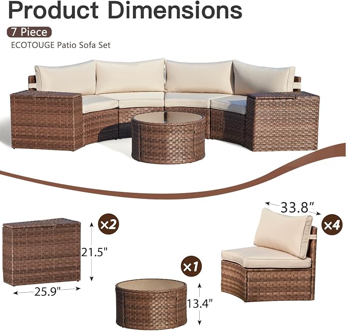 ECOTOUGE 8-Piece Half-Moon Curved Patio Furniture Set with Fire Pit Table, Wicker Rattan Sectional Sofa with Thick Cushions, Outdoor Conversation Set for Backyard Garden No Tank Cover(Beige, Grey)