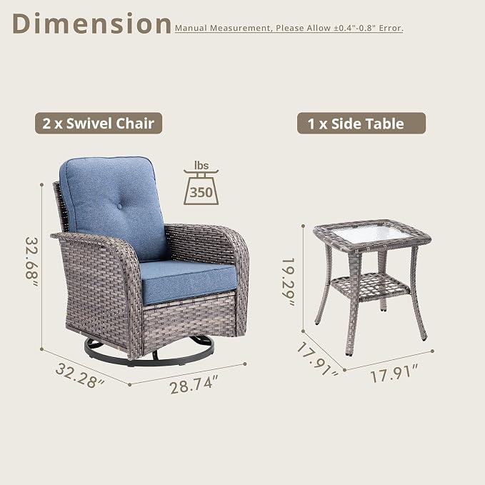 6 Piece Patio Swivel Rocker Chairs Set with Side Table, Denim Blue | High Back Deep Seating, All Weather Wicker, Outdoor Glider Chair Set, Porch Deck Backyard Balcony Furniture