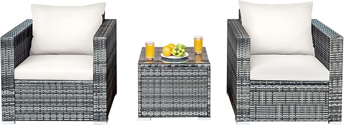 Tangkula 3 Pieces Patio Furniture Set, PE Rattan Wicker Sofa Set w/Washable Cushion and Tempered Glass Tabletop, Outdoor Conversation Furniture for Garden Poolside Balcony