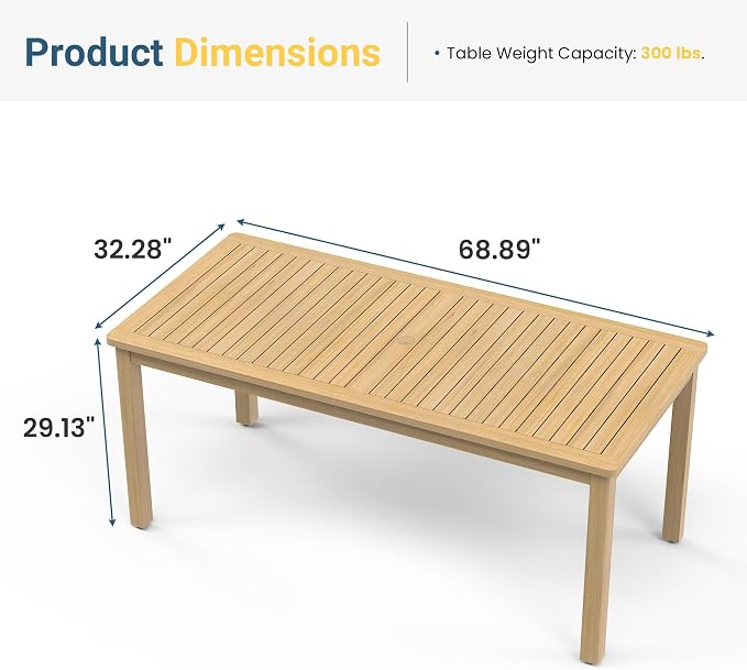 Wisteria Lane Acacia Outdoor Dining Table, 69"×32" Patio Dining Table with Umbrella Hole, All-Weather Solid Wood Outdoor Patio Table for Deck, Garden, Poolside, Lawn
