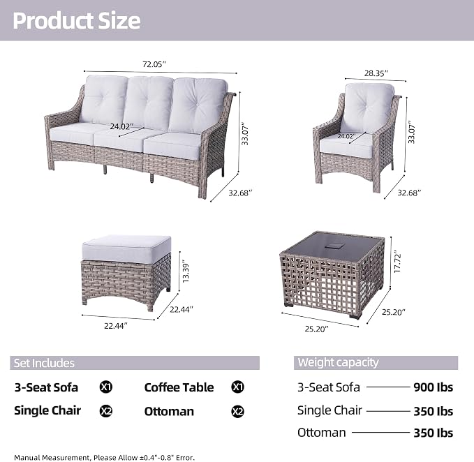 HOOOWOOO 6 Piece Patio Furniture Conversation Sets with Sola Light Table,Outdoor Wicker Furniture with Ottoman, All Weather Resistant Outside High Back Rattan Patio Set(Light Grey Gray)