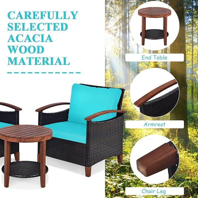COSTWAY 3PCS Patio Rattan Furniture Set, Outdoor Solid Wood Frame Cushion Sofa with Round Table for Garden Porch Backyard Poolside (Turquoise)