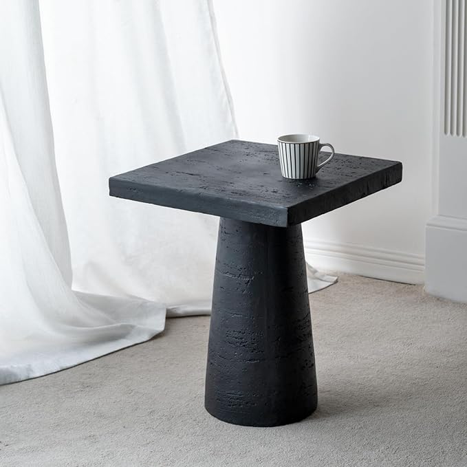 Faux Stone Side Table Square End Table Patio Small Drink Table for Small Spaces Outdoor Modern Pedestal End Tables Farmhouse Nightstand for Living Room Bedroom Corners Office (Black)