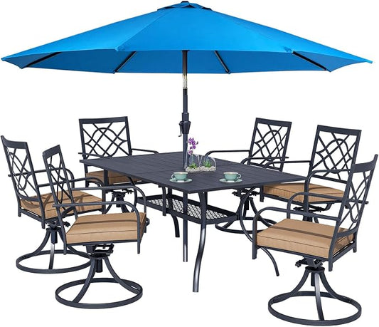 Crownland 7 PCS Furniture Patio Dining Set, 6 Swivel Metal Chairs and Rectangular Outdoor Dining Table with Sky Blue 9FT Round Outdoor Umbrella (Metal Tabletop)