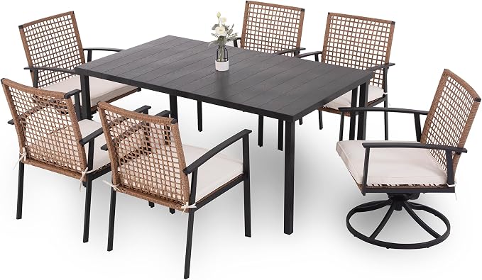 LAUSAINT HOME 7 Pieces Patio Dining Set, Outdoor Furniture Set of 6 Wicker Chairs (2 of Them Swivel) with Soft Cushion and Iron Slats Table Top with Umbrella Hole, Conversation Set for Backyard