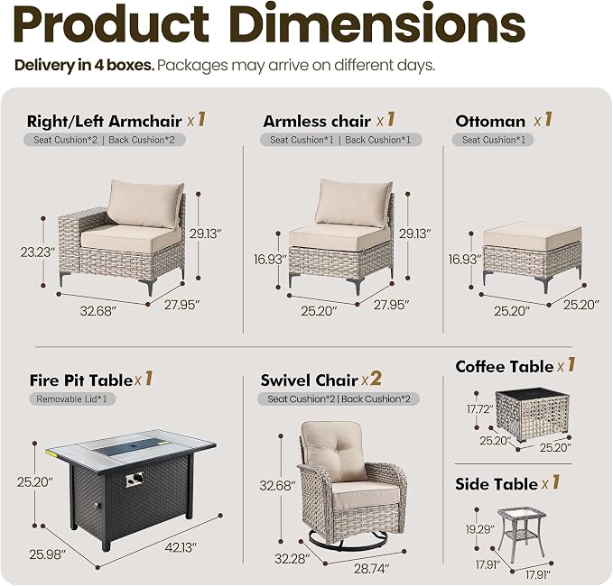 9-Piece Wicker Outdoor Sectional Furniture with Fire Pit, Wide Armrest Patio Couch Set Swivel Rocking Chair Ottoman Solar Table, Modular Conversation Sets for Backyard Deck Garden, Beige