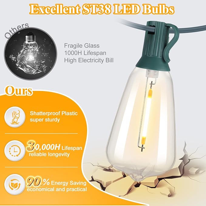 Brightever 50FT Outdoor String Lights Waterproof, 2700K Bright LED Patio Lights with 27 ST38 Shatterproof Vintage Bulbs, Retro Edison String Lights for Outside, Garden, Christmas Decor, Green Wire