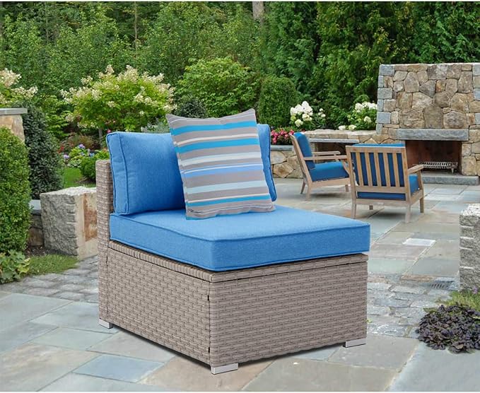 HOMPUS Outdoor Patio Furniture Warm Gray Wicker Armless Chair w Blue Cushion w 1 Stripe Pillow for Garden, Pool, Backyard