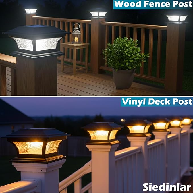 SIEDiNLAR Solar Post Lights Outdoor Glass LED Fence Cap Light 2 Modes for 4x4 5x5 6x6 Posts Deck Patio Garden Decoration Warm White/Cool White Lighting Black (4 Pack)