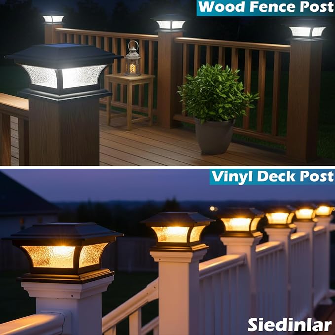 SIEDiNLAR Solar Post Lights Outdoor Glass LED Fence Cap Light 2 Modes for 4x4 5x5 6x6 Posts Deck Patio Garden Decoration Warm White/Cool White Lighting Black (2 Pack)