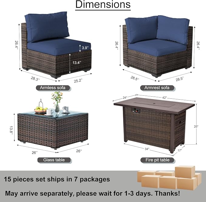 Patio Furniture Set, 15 Pieces Outdoor Sectional Patio Furniture Set with 42" Fire Pit Table, Rattan Wicker Sofa Set for Garden Backyard Deck Poolside, Blue