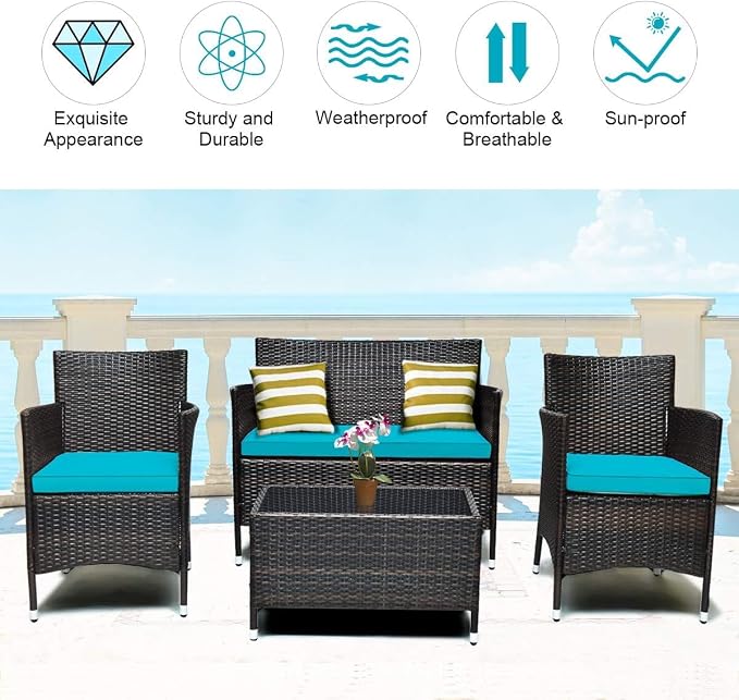 COSTWAY 8PCS Rattan Patio Furniture Set | Outdoor Wicker Rattan Chairs with Coffee Table, Rattan Cushioned Conversation Set for Backyard Balcony Poolside, Turquoise