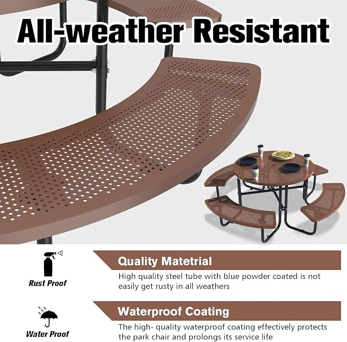46'' Round Outdoor Metal Picnic Table Expanded,Lifetime Steel Picnic Table with Umbrella Hole,Heavy Duty Sturdy Commercial for Patio, Backyard, Garden, DIY (Includes 4 Built-in Benches),Coffee