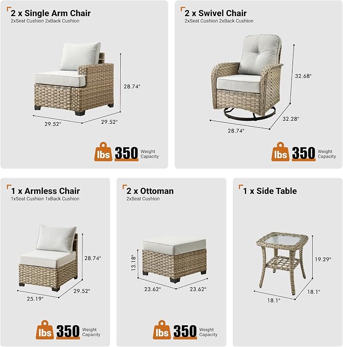 ovios 8 Piece Patio Sectional Furniture with Swivel Rocking Chairs, Rattan Wicker Coversation Couch Set, Outdoor Sofa Set for Outside Porch Balcony Backyard Pool, Light Grey
