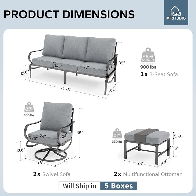 MFSTUDIO 5 Pieces Patio Conversation Sets,Outdoor Metal Furniture Sofas with 1 x 3-Seat Sofa, 2 x Swivel Chairs,2 x Ottoman,Wrought Iron Frame with Grey Cushion for Patio Courtyard Balcony
